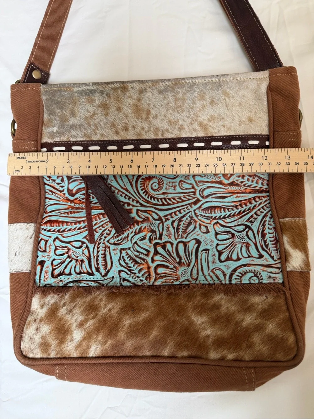 Myra Bag Brown, Cream & Turquoise Tooled Cowhide Crossbody